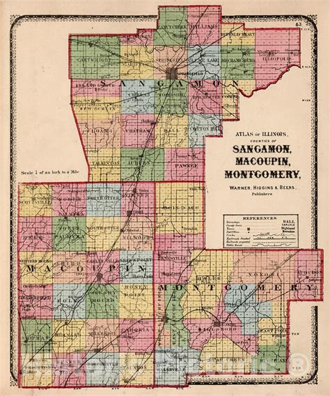 Historic Map Counties Of Sangamon Macoupin And Montgomery 1871