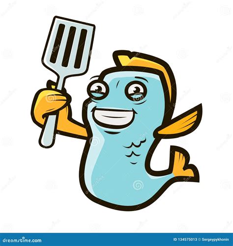 Funny Fish Holding Spatula Seafood Cooking Food Cartoon Vector