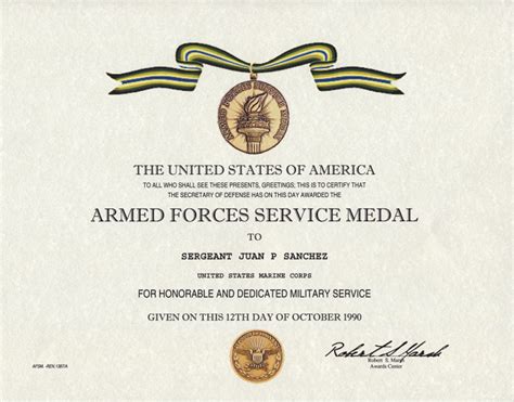 Armed Forces Service Medal Certificate