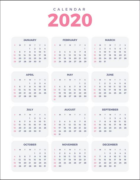 2020 Blank Yearly Calendar Template Free Printable Templates