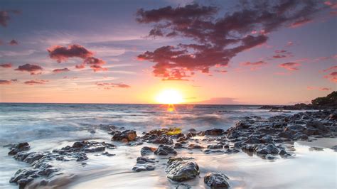 Wallpaper Beach Sunset Rocks Sunrays Seashore 4k
