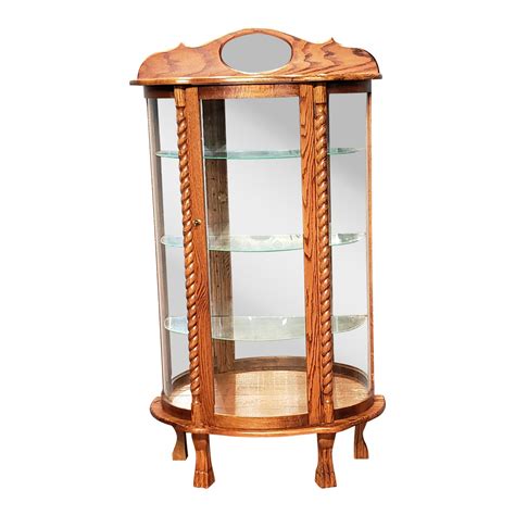 Vintage Rope Twist Oak Bow Front Curio Cabinet With Glass Shelves And