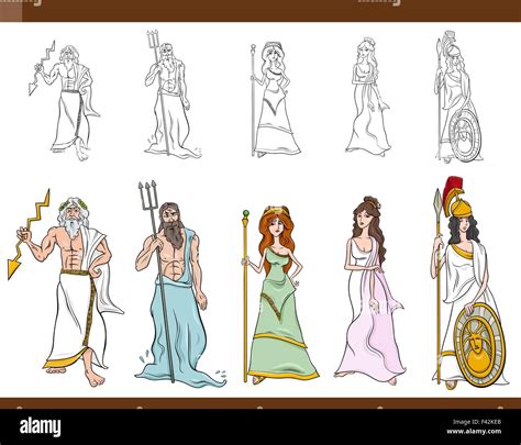 Cartoon Illustration Of Mythological Greek Gods And Goddesses Set Stock