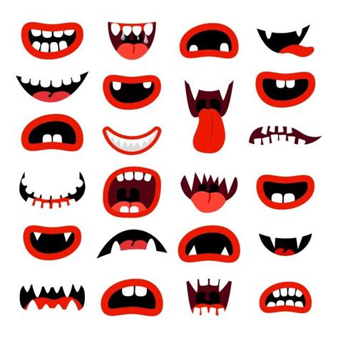 Cute Monsters Mouth Set Red Cartoon Mouths With Teeth On White