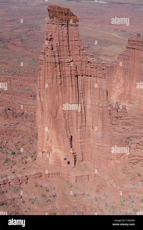 The Titan Of The Fisher Towers Aerial View 270 Meter Tall Rock Stock