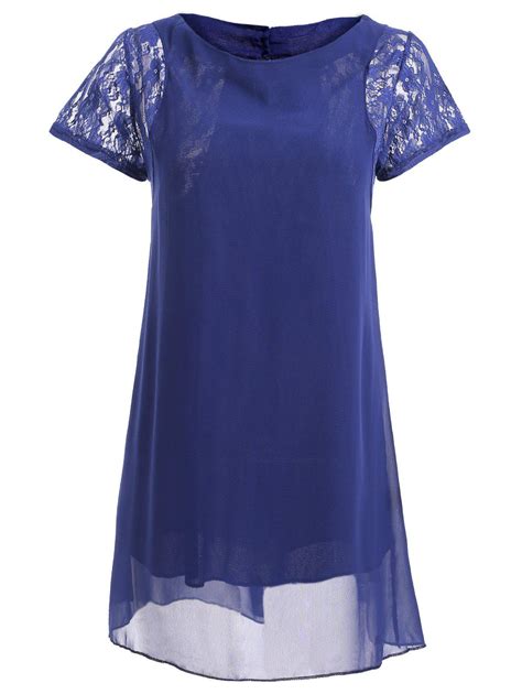 Purplish Blue S Lace Spliced Short Sleeve Shift Chiffon Dress