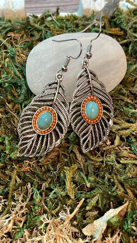 Turquoise Feather Silver Dangle Earrings Etsy