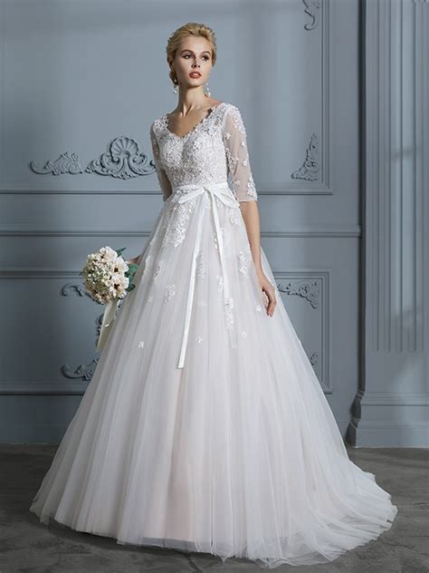 Ball Gown V Neck Court Train 12 Sleeves Lace Tulle Wedding Dresses