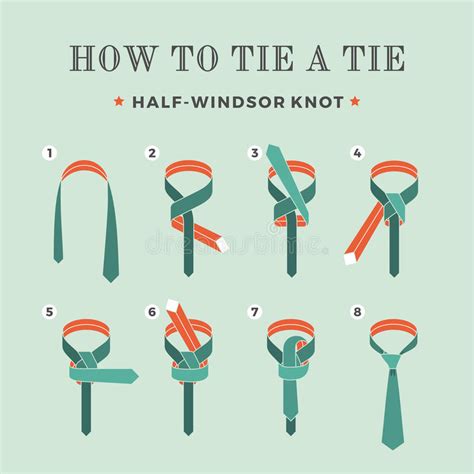 With your collar upturned, drape the necktie around your neck so that the middle of the tie lies flush against the back of your collar, seam down. Instructions On How To Tie A Tie On The Turquoise Background Of The Eight Steps. Half-Windsor ...