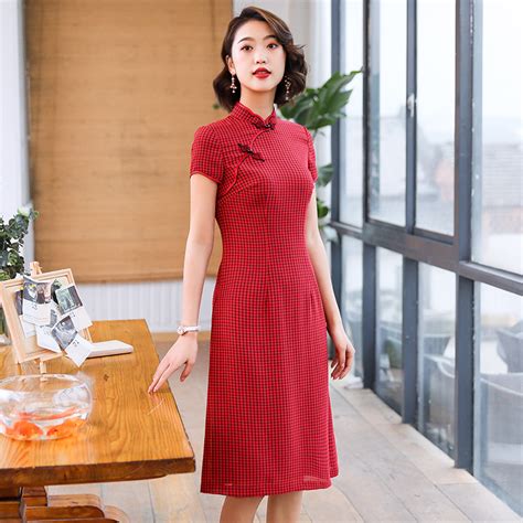 Sweet Plaid Classic Chinese Dress Qipao Cheongsam Red Qipao
