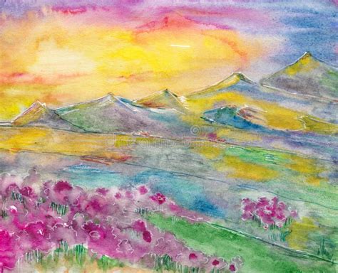 Sunset In The Mountains Watercolor Painting Stock Photo Image Of