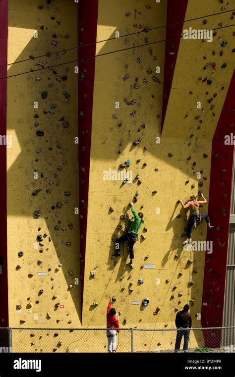 Rock Climbers At A Rock Climbing Gym Stock Photo Alamy