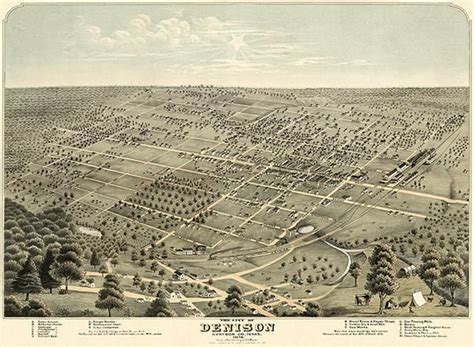 Denison Grayson County Texas 1876 Aerial Birds Eye View Map Pos