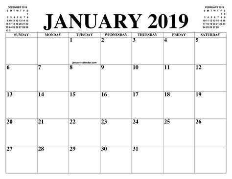 January 2019 2020 Calendar Of The Month Free Printable January 2019