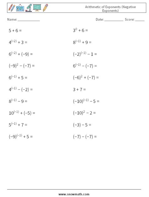Arithmetic Of Exponents Negative Exponents Math Worksheets 4math