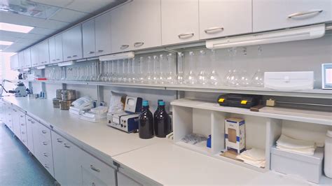 Medical laboratory workspace. Pov of science laboratory room. Science ...