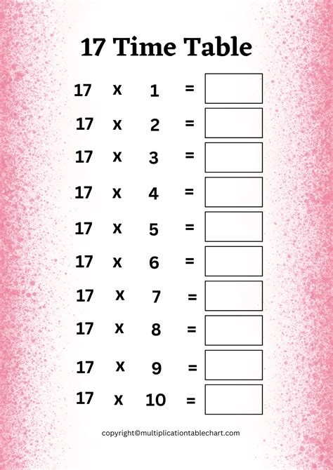17 Times Table Worksheet 17 Multiplication Table Free Pdf