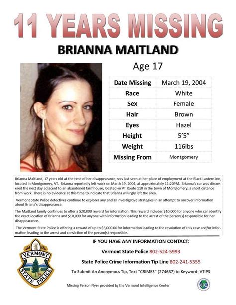 Vermont State Police Continue Investigation Of Disappearance Of Brianna Maitland Missing Since