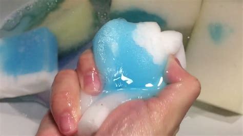 ASMR SPONGES Soapy Squeezing With Blue Soap Sponge Water Soap