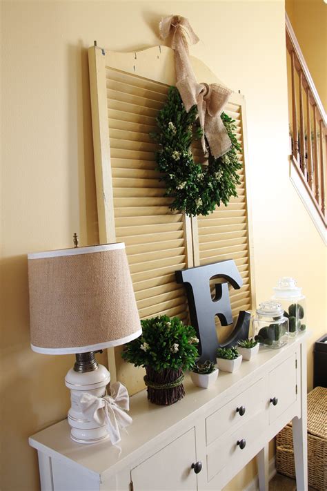 Entryway Table Vintage Shutters Boxwood Wreath With Burlap Bow