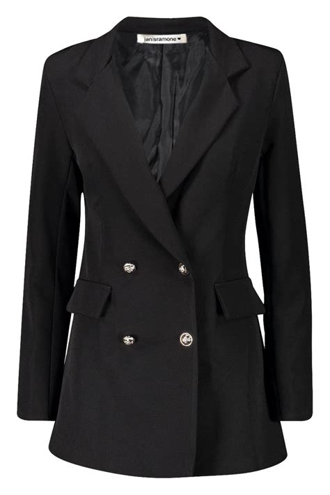 Womens Gold Button Double Breasted Duster Coat Slim Fit Jacket Blazer