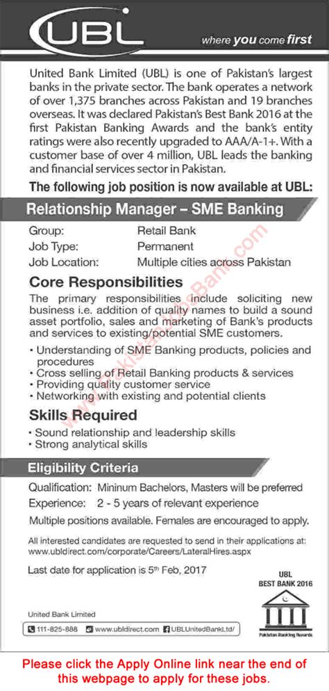 Salaries range from 28,000 pkr (lowest average) to 183,000 pkr (highest average, actual maximum salary is higher). Relationship Manager Jobs in UBL 2017 Apply Online United ...