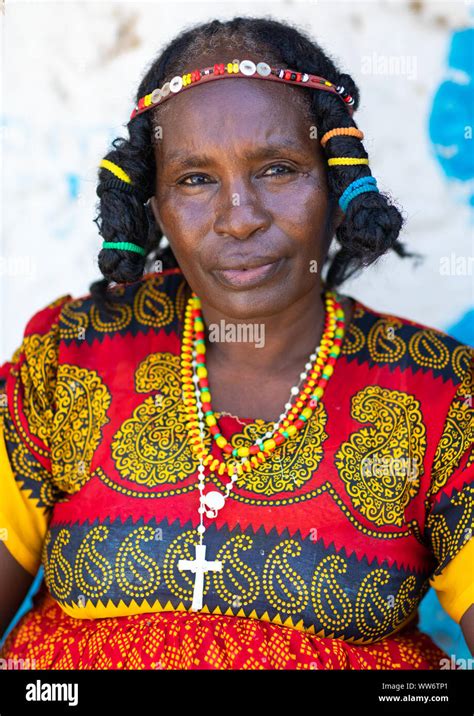 portrait of a kunama tribe woman with traditional hairstyle gash barka barentu eritrea stock