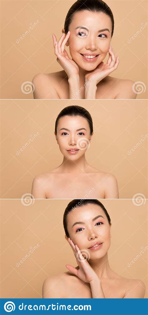 Collage Avec Belle Fille Asiatique Nue Avec Peau Parfaite Image Stock