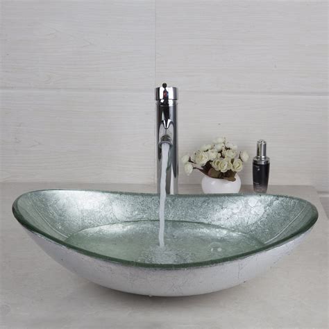 Tempered Glass Vessel Bathroom Vanity Sink Artistic Oval Washing Bowl