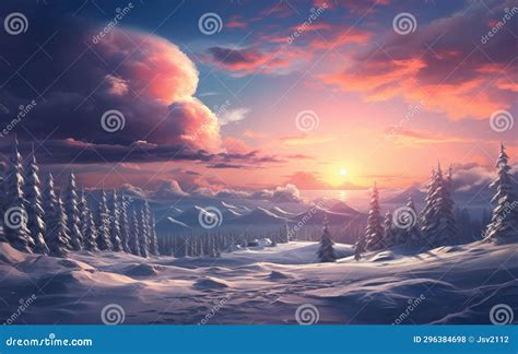 Snowy Scene Landscape Atmosphere With Clouds In Winter Background Stock