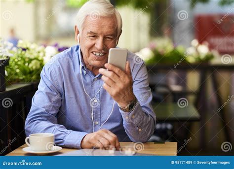 Modern Grandpa Using Video Call Technology Stock Image Image Of Cheerful Cafe 98771489