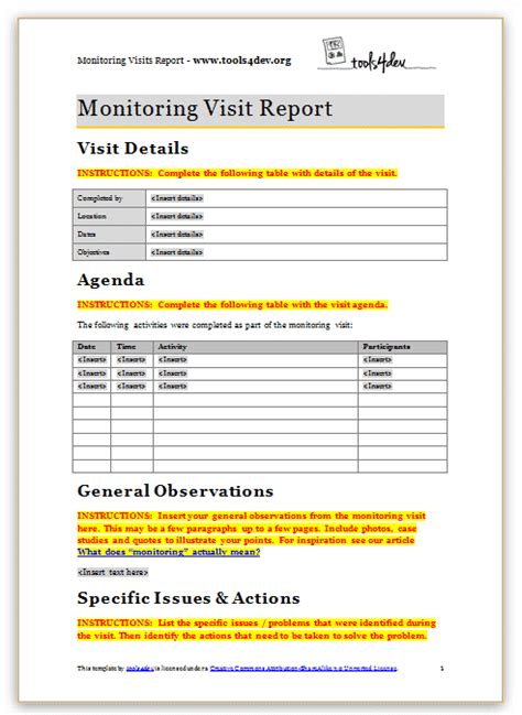 Monitoring Visit Report Template Tools4dev