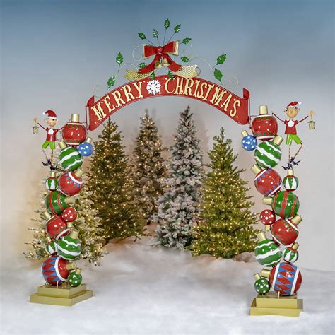 Large Metal Christmas Ball Ornament Archway With Elves And Merry