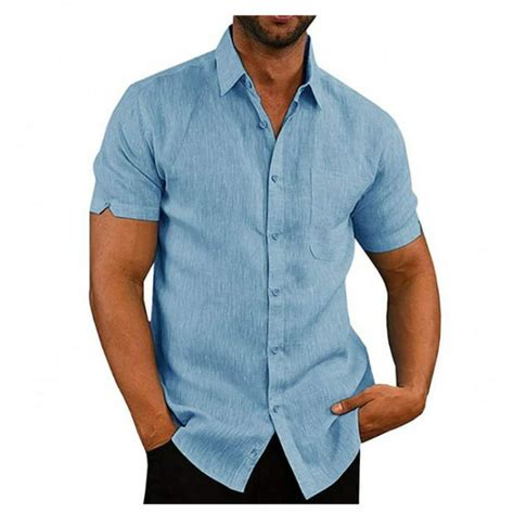 Gaono Mens Short Sleeve Linen Cotton Shirts Solid Color Spread Collar