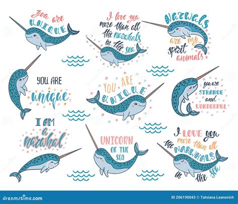 Set Of Hand Drawn Cute Funny Narwhals With Inspirational Quotes Doodle
