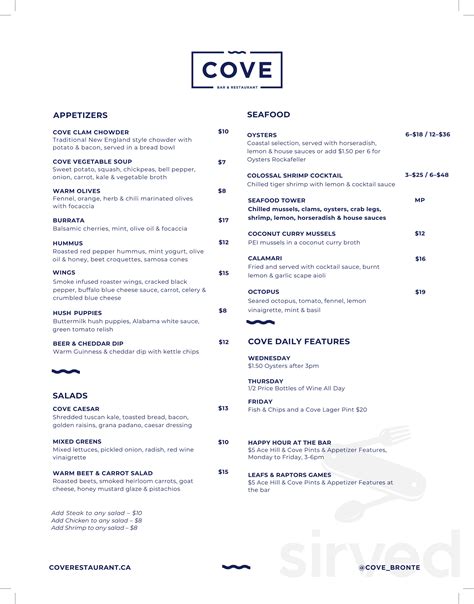Cove Bar And Restaurant Menu In Oakville Ontario Canada