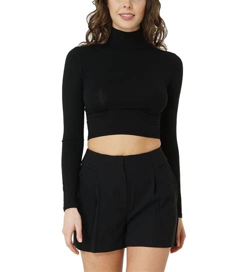 bodywear shop damen crop top langarmshirt stehkragen bauchfrei schwarz bauchfrei crop tops