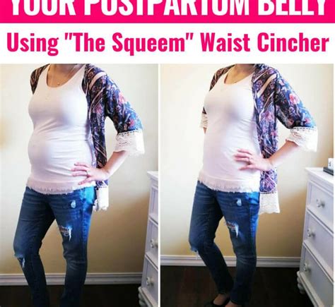 a pregnant woman wearing jeans and a white top with the words your postparum belly using the