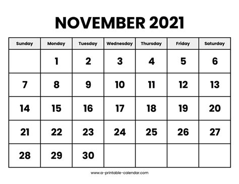November 2021 Calendar Printable A Printable Calendar