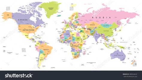 Colored World Map Borders Countries Cities Stock Vector 389544622