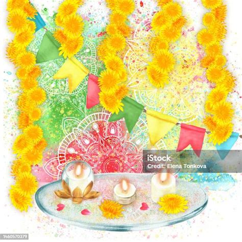 Handdrawn Watercolor Holi Composition With Colorful Background And
