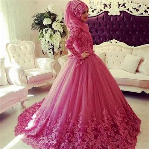 Pink Wedding Dress Saudi Arabic Wedding Ball Gown Lace Applique Wedding Dress Muslim Wedding