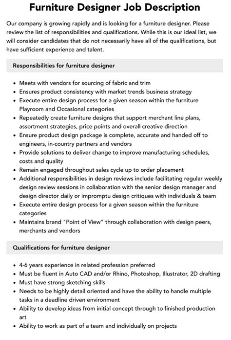 Furniture Designer Job Description Velvet Jobs