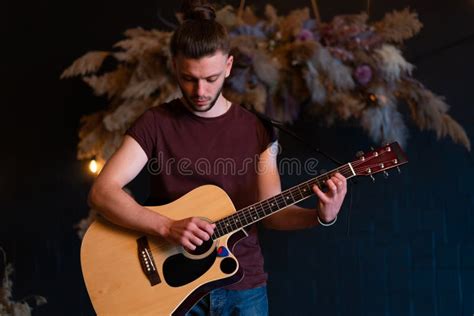 Male Musician Playing Acoustic Guitar Guitarist Plays Classical Guitar