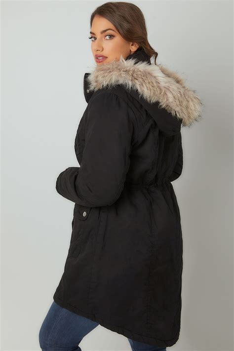 Black Cotton Parka With Faux Fur Trim Hood Plus Size 16 To 36