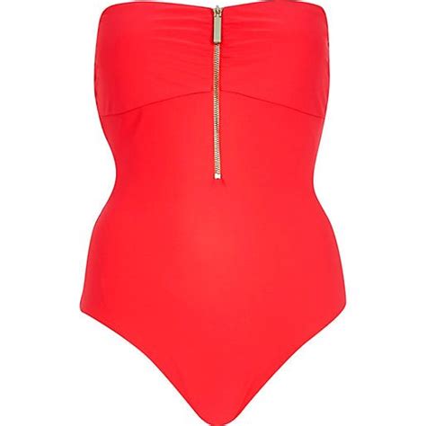 Bright Red Zip Trim Bandeau Swimsuit Bandeau Swimsuit Bright Bikinis