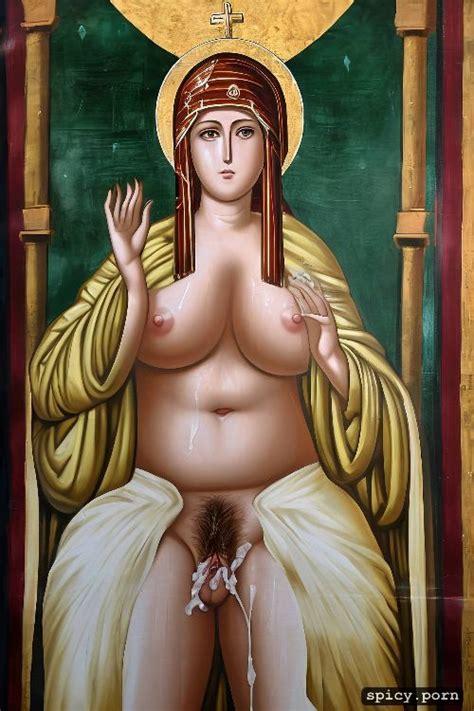 Image Of White Woman Byzantine Fresco Art Dripping Cum Naked Female Saint In Orthodox Church