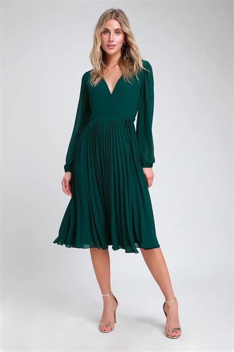 first impression dark green pleated midi wrap dress green dress casual green formal dresses