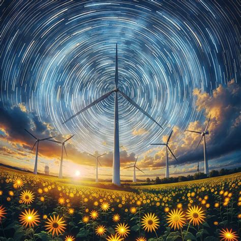 Nighttime Windmill Field With A Spiral Starry Sky And Sunflowers
