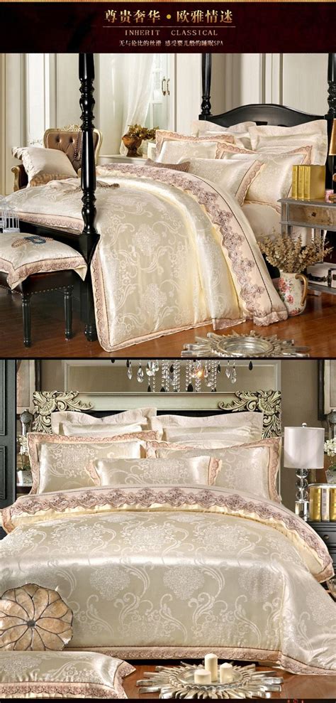 European Style Golden Lace Jacquard Satin Bedding Set Queen King Size